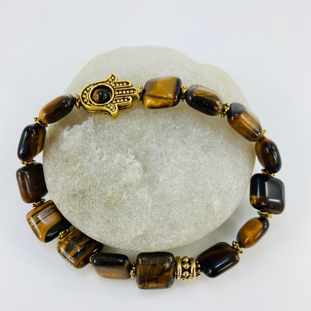 Hamsa Tiger's Eye Stretch Bracelet, Handmade, Antique Gold - Picture 2 of 9